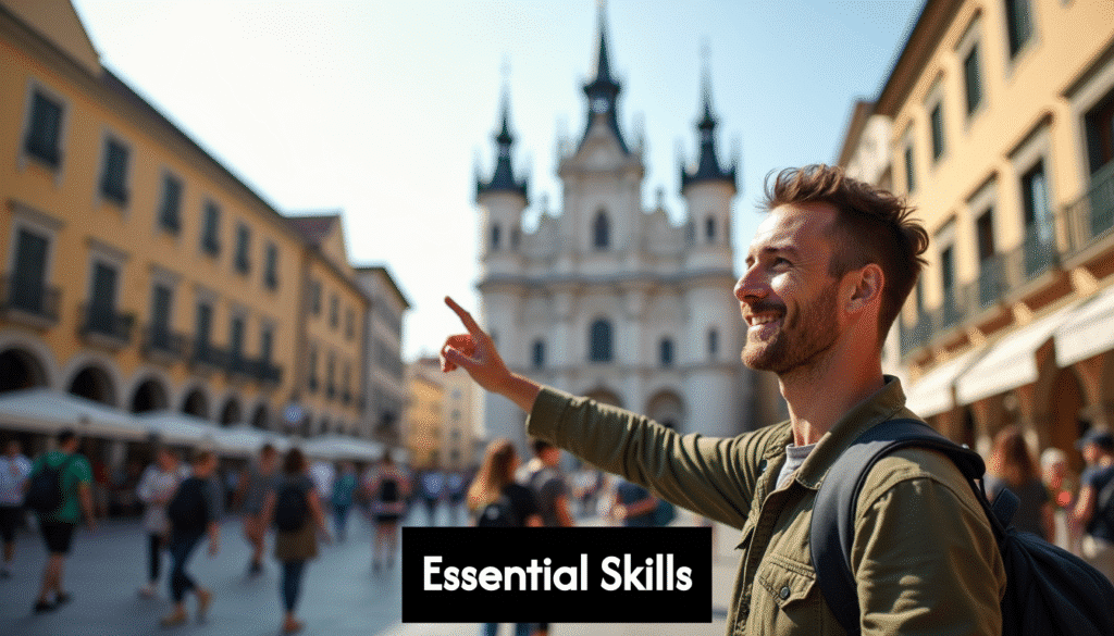 Guide interacting with tourists in a historic square.