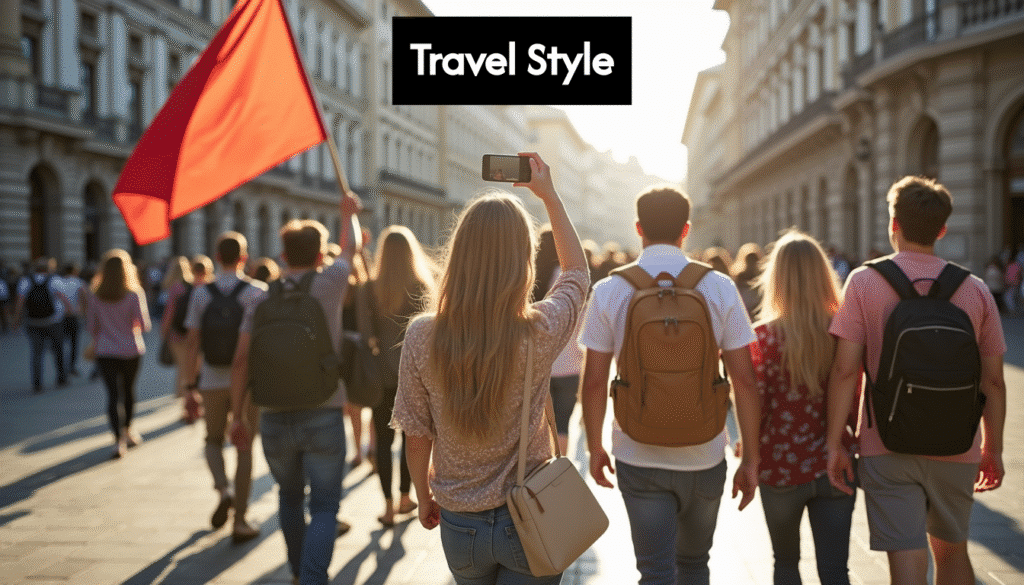 People on a group tour in a city square.