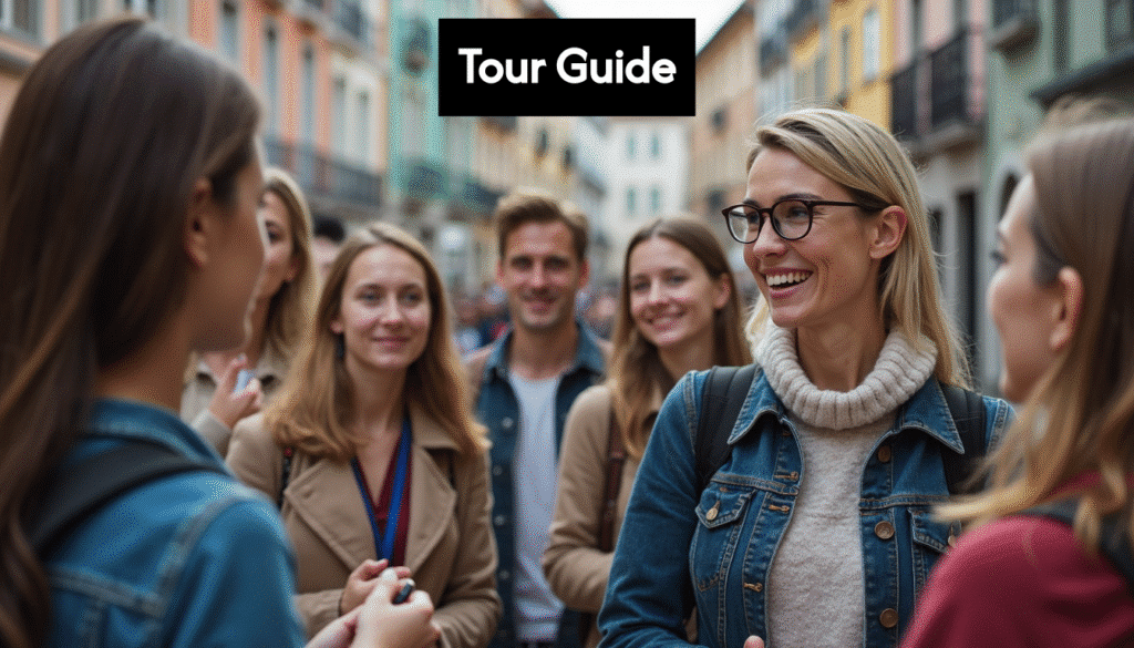 Tour guide leading group in city.