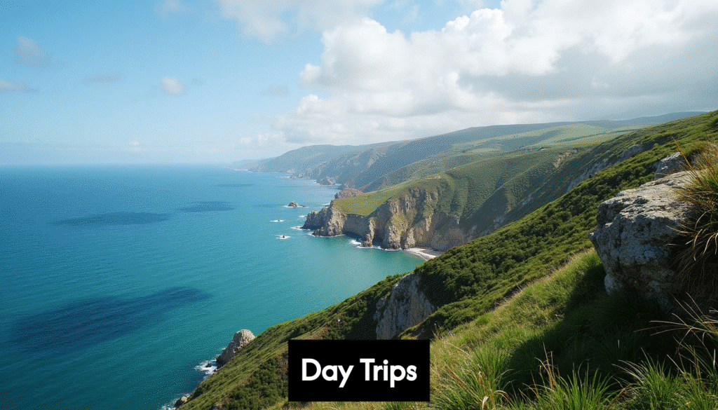 Diverse Portugal landscape with hills, coast, and ocean.