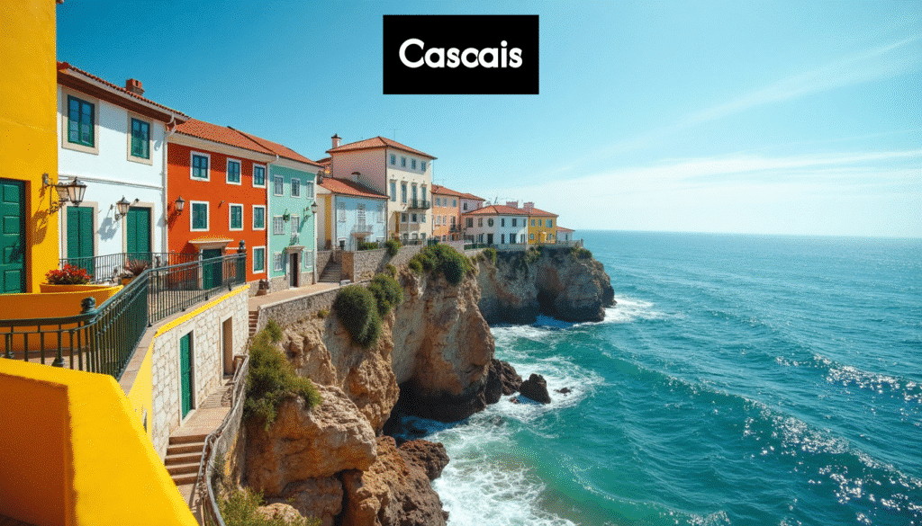 Colorful buildings lining the scenic Cascais coastline by the ocean.