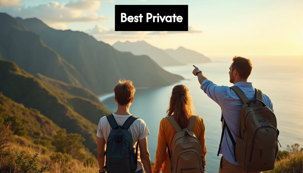 Travelers viewing scenic landscape with guide