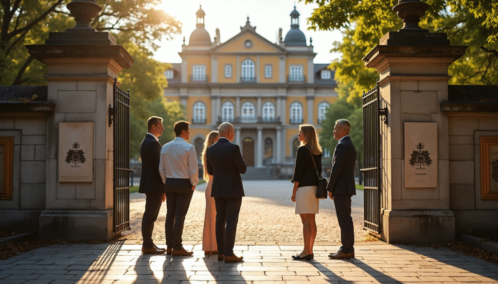 Private group tour with guide at Portuguese palace entrance