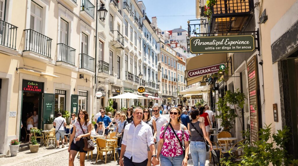 Small group with guide exploring Portuguese street, local experiences focus