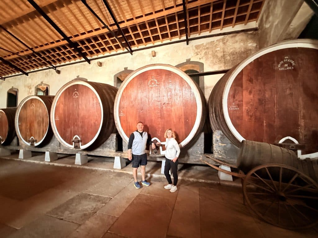 Two visitors beside large wooden barrels in a wine cellar