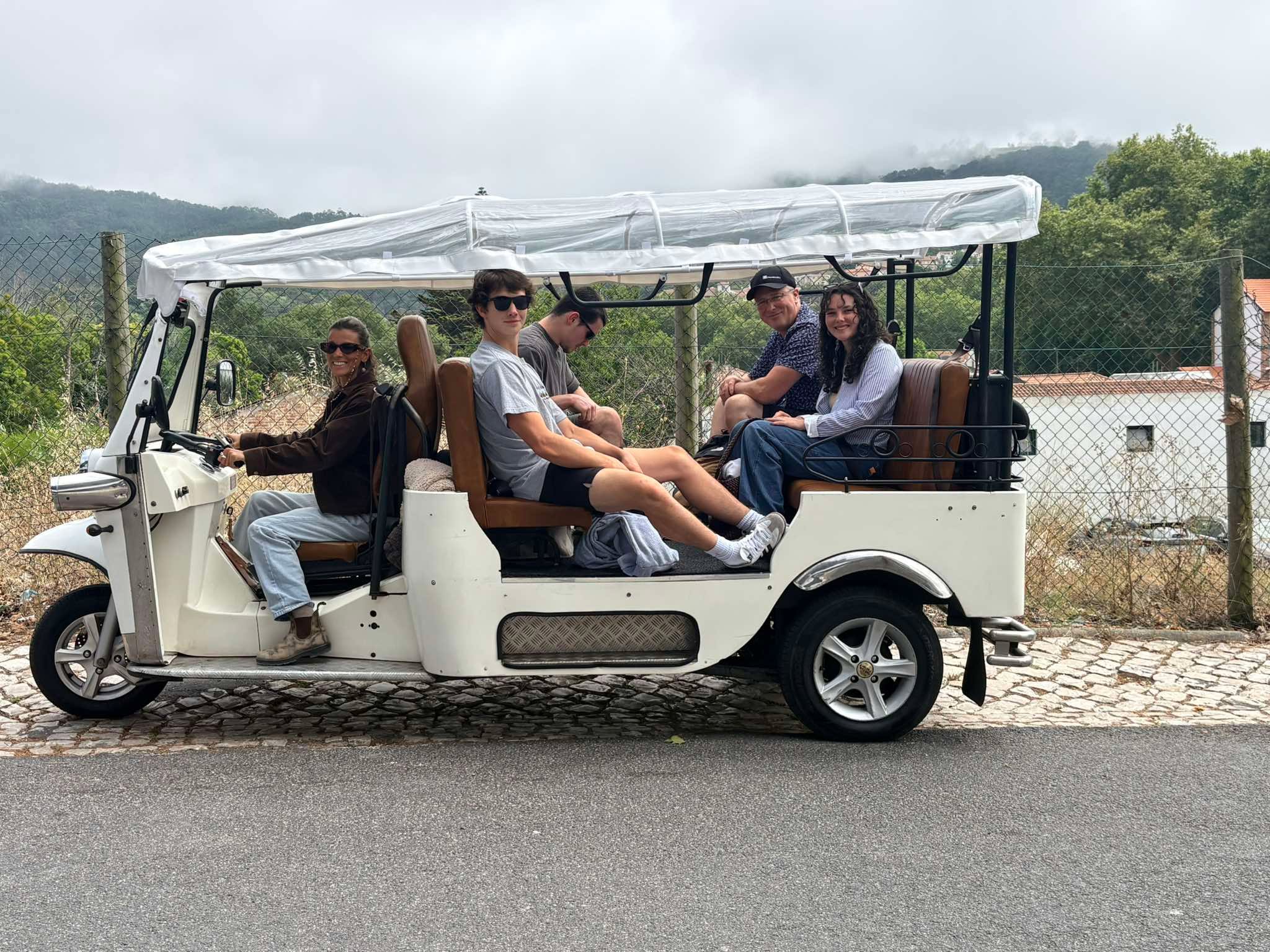 A guide and visitors in a white covered private tour vehicle